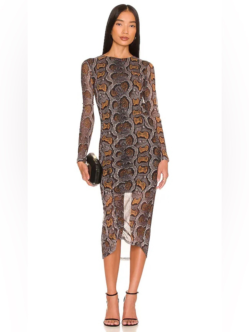 All Saints Norma Ruched Mesh Midi Dress Size US 4 Snake Retile Print